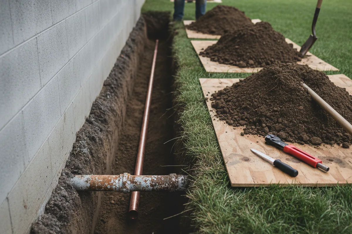 Excavated water line trench during Water Softener Installation in Yawkey